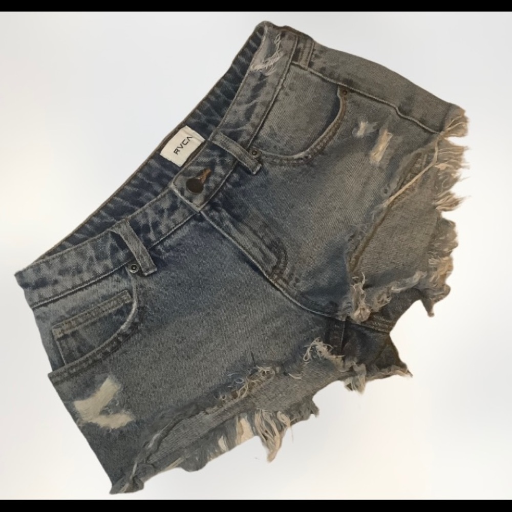 RVCA women 26 Denim Jean Shorts Medium Wash Distressed High Rise Women